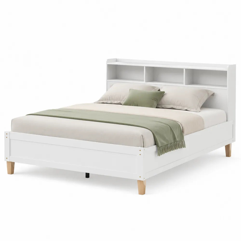 Letto matrimoniale in legno ingegnerizzato bianco con testiera a ripiani 160 x 200 cm circa con gambe in legno naturale