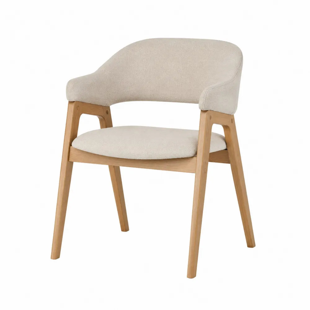 Sedia da pranzo con braccioli in legno massello di faggio naturale con seduta e schienale imbottiti in tessuto beige 55 x 58 x 82 cm