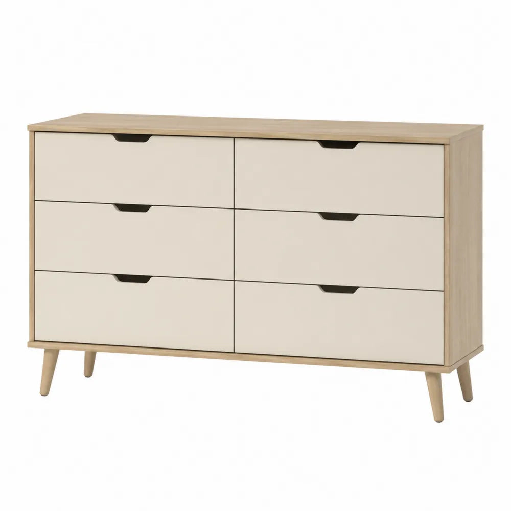 Cassettiera rettangolare a 6 cassetti in MDF effetto rovere naturale con frontali beige maniglie nere e gambe in legno di gomma 120 x 40 x 80 cm