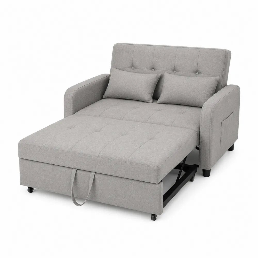 Divano letto 2 posti estraibile in tessuto di poliestere grigio chiaro con cuscini rimovibili 160x150x85 cm