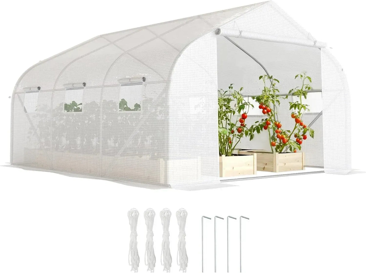 Serra da Giardino Tunnel Outsunny con 6 Finestre e Porta Avvolgibile, Struttura in Metallo e Rivestimento PE, Ideale per Ortaggi e Frutta, 4.5x3m, Bianco
