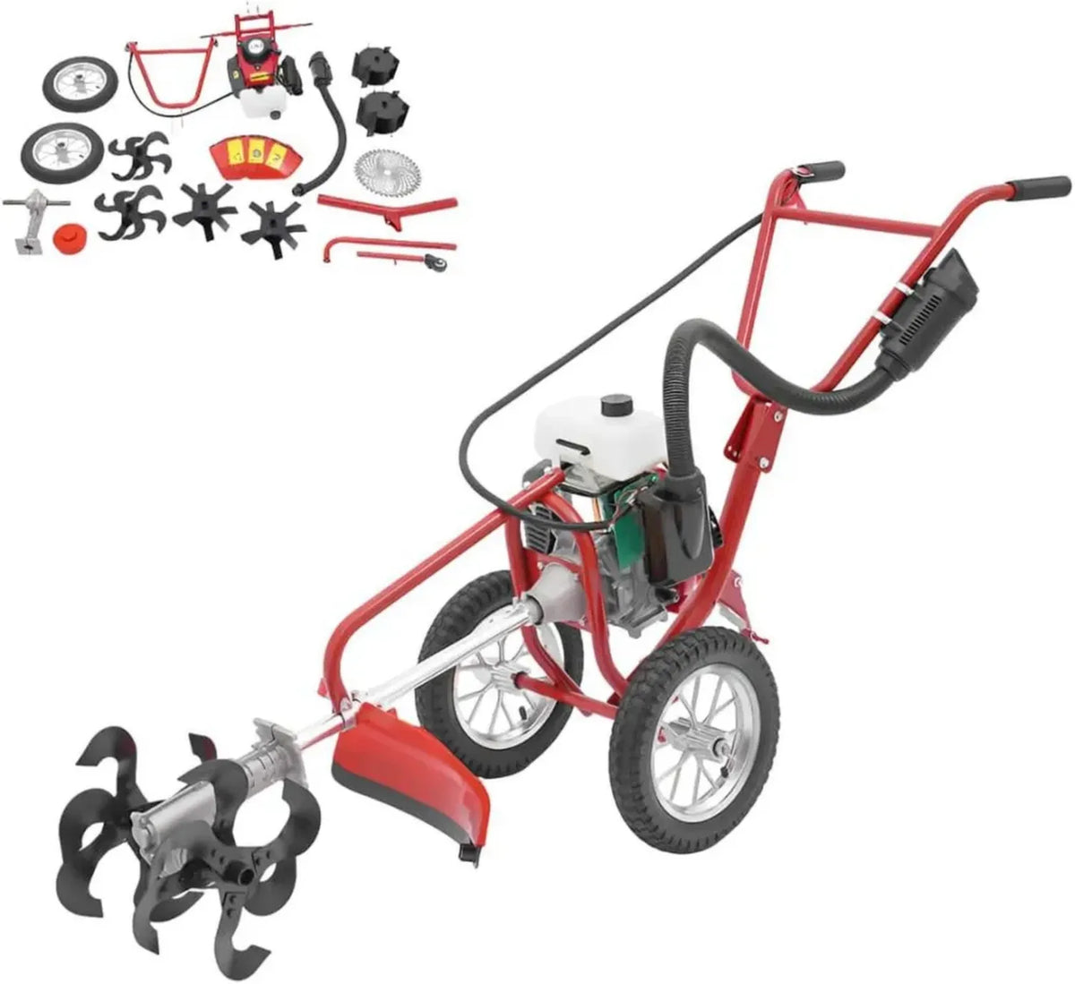 Motozappa a Benzina 63cc 4CV, Multifunzione con Tre Operazioni, Rosso