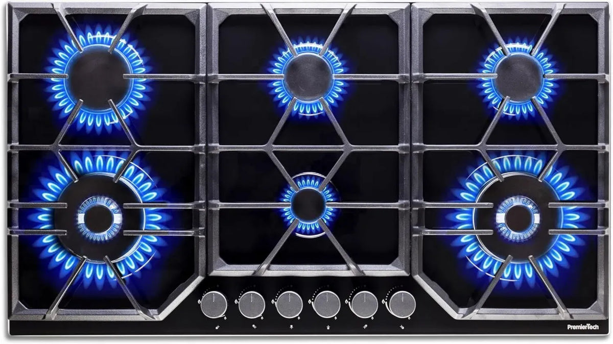 Piano Cottura a Gas 90 cm Vetro Nero, PremierTech 6 Fuochi con Doppi Bruciatori Wok e Supporti in Ghisa