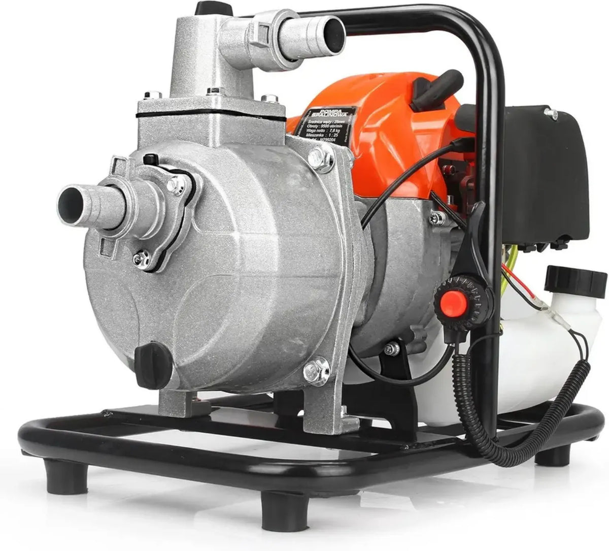 Pompa Acqua Portatile a Benzina 2T 5.2HP, Nero/Grigio, Portata 150-300 L/min, Altezza di Sollevamento 8m, Pressione Massima 3.3bar, in Acciaio Inossidabile
