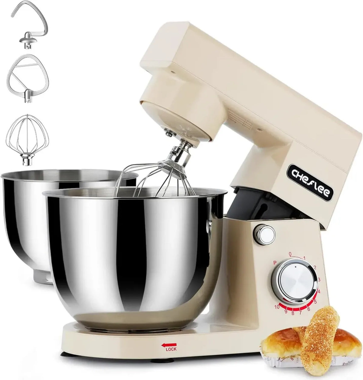 Impastatrice Planetaria CHeflee 1500W, Robot da Cucina Multifunzione con Ciotola in Acciaio Inox 4,5 e 5,5 L, 10 Velocità, Accessori per Mescolare e Impastare (Crema)