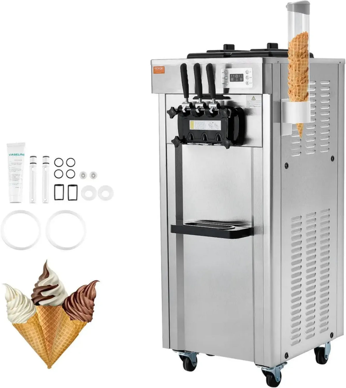 Macchina per Gelato Soft con 3 Gusti, 1670W, 21-31 L/H, Acciaio Inox, Pannello LED Autopulente, Ideale per Bar e Ristoranti