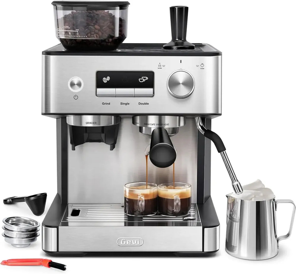 Gevi Macchina Espresso 20 Bar con Macinino, Serbatoio Rimovibile e Lancia vapore