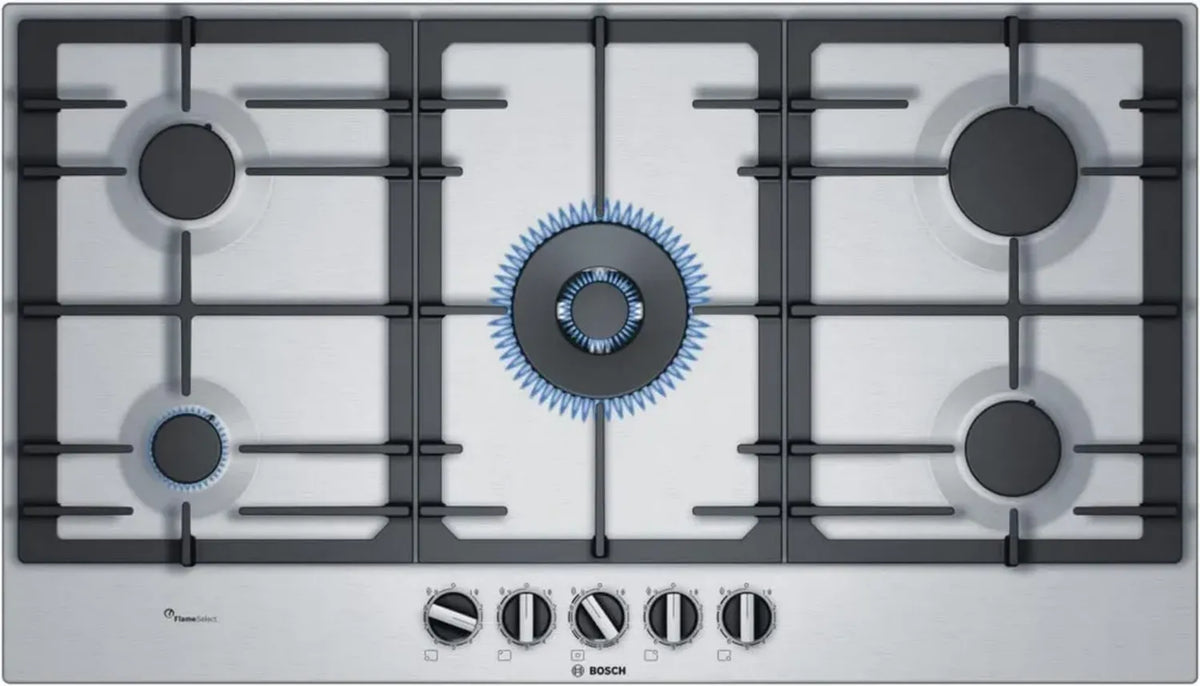 Bosch Serie 6 Piano Cottura Gas 90 cm, FlameSelect 9 Livelli, Funzione WOK, Griglie Ghisa