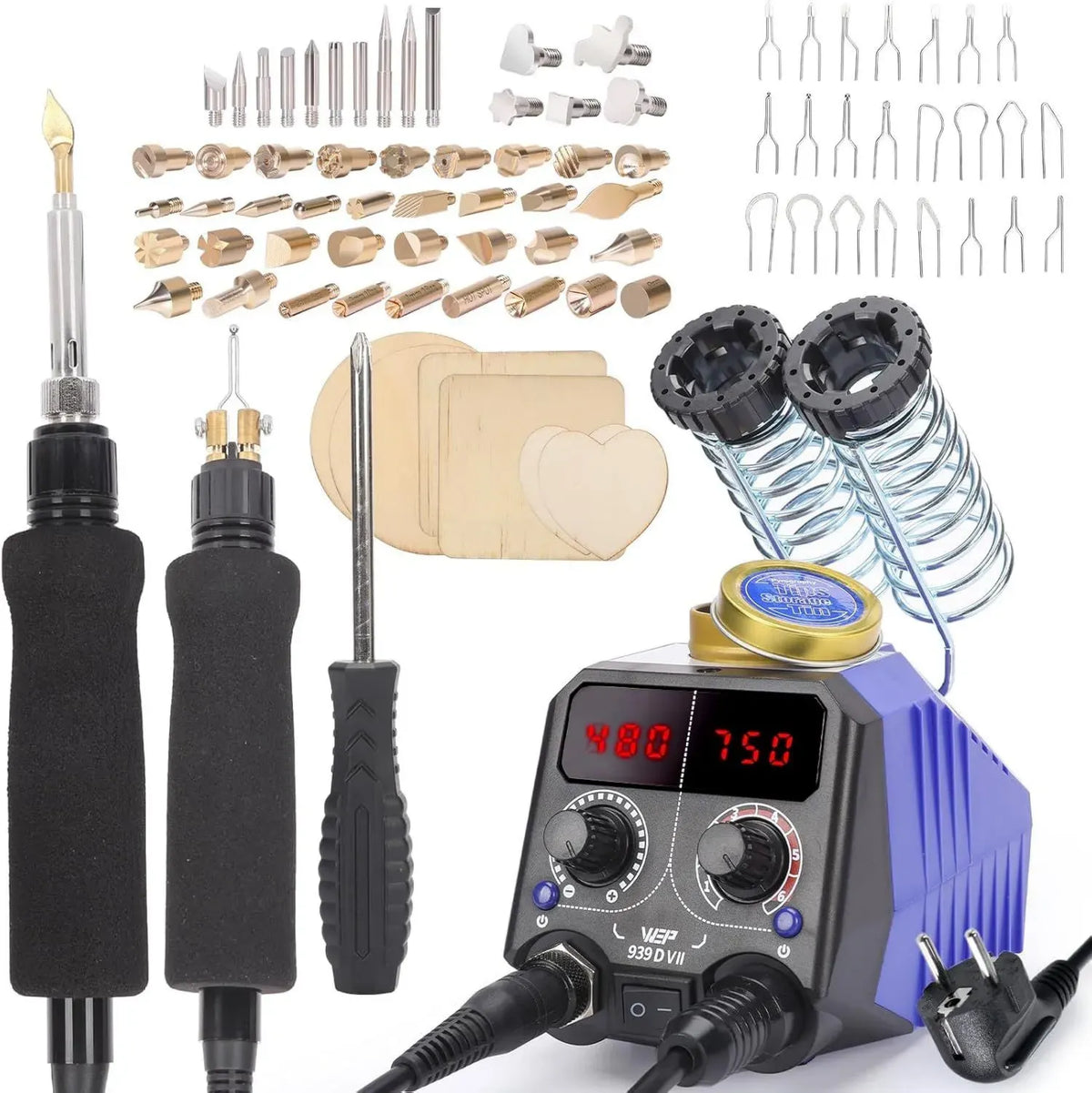 Kit di pirografia WEP 939D-VII 2-in-1, 84 pezzi con 51 punte solide e 23 a filo, stencil lettere e numeri, 6 legni grezzi, supporto penna, spina UE