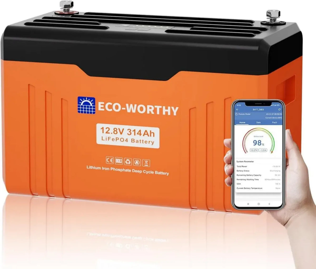 Batteria LiFePO4 ECO-WORTHY 12V 314AH con Bluetooth e Display, Cicli Fino a 15000, per Camper e Solare