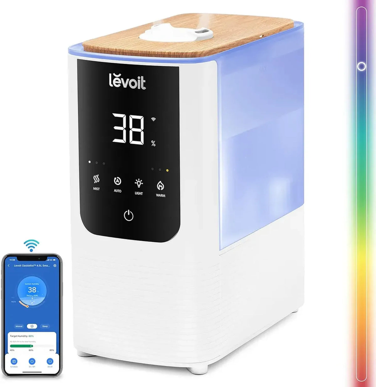 Umidificatore Intelligente LEVOIT con Nebbia Duale, 45 Ore di Autonomia, Superficie 40 m², Modalità Automatica, Luce Regolabile, Silenzioso a 26 dB, Ideale per Bambini e Piante, Timer Integrato