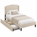Letto singolo rettangolare con testiera imbottita e contenitore laterale in MDF tessuto poliestere beige con telaio nero 210 x 100 x 110 cm
