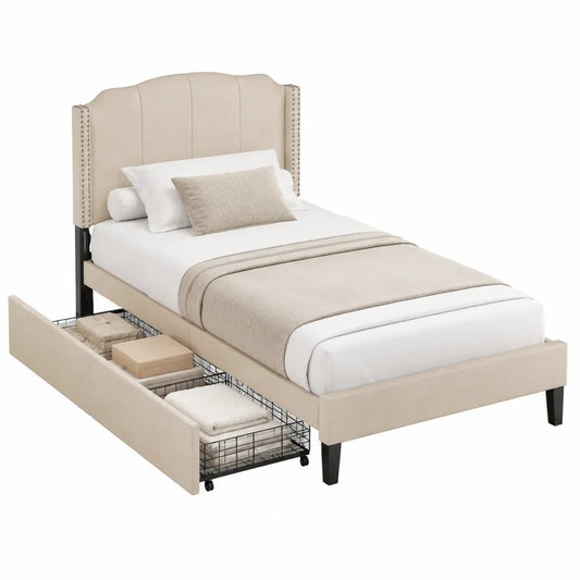 Letto singolo rettangolare con testiera imbottita e contenitore laterale in MDF tessuto poliestere beige con telaio nero 210 x 100 x 110 cm
