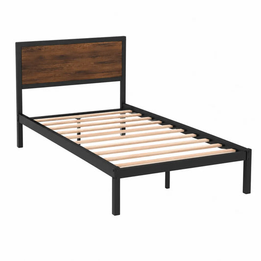 Struttura letto singolo rettangolare in acciaio verniciato nero con testiera effetto legno marrone e doghe in pino 90 x 200 cm