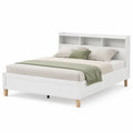 Letto matrimoniale in legno ingegnerizzato bianco con testiera a ripiani 160 x 200 cm circa con gambe in legno naturale