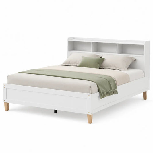 Letto matrimoniale in legno ingegnerizzato bianco con testiera a ripiani 160 x 200 cm circa con gambe in legno naturale