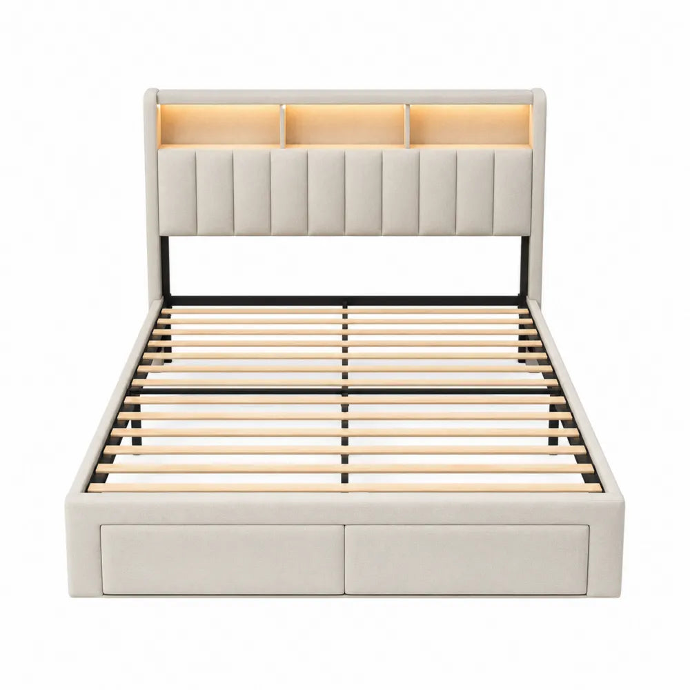 Letto matrimoniale rettangolare con testiera imbottita LED e 2 cassetti frontali in MDF tessuto poliestere beige chiaro 160 x 200 cm