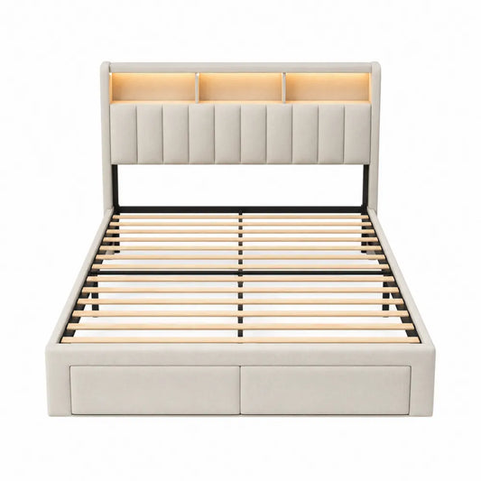 Letto matrimoniale rettangolare con testiera imbottita LED e 2 cassetti frontali in MDF tessuto poliestere beige chiaro 160 x 200 cm