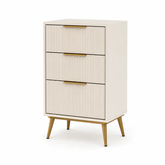 Cassettiera in MDF a 3 cassetti colore crema con dettagli oro 60 x 40 x 90 cm con gambe in metallo dorato