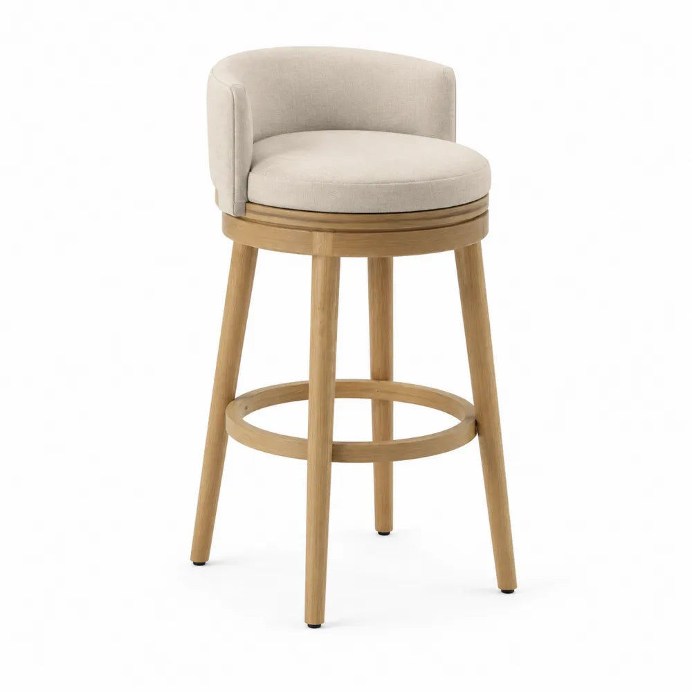 Sgabello da bar con schienale basso in legno massiccio di gomma e seduta rotonda imbottita beige 45 x 45 x 100 cm