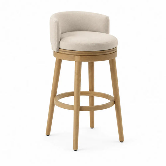 Sgabello da bar con schienale basso in legno massiccio di gomma e seduta rotonda imbottita beige 45 x 45 x 100 cm