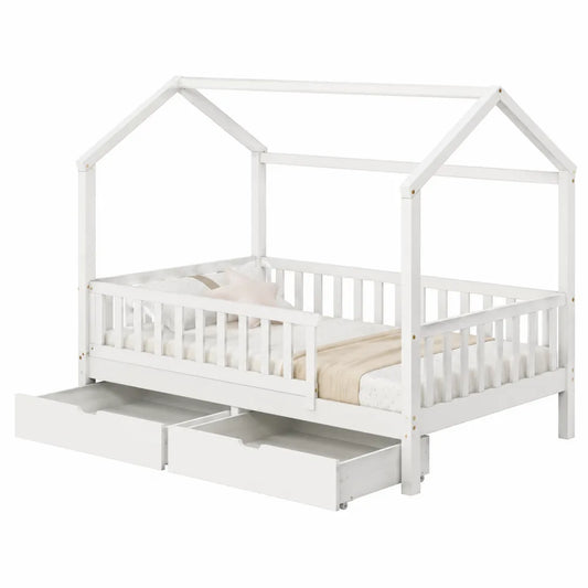 Letto per bambini a casetta con cassetti contenitori in MDF bianco 200 x 100 x 170 cm con doghe in legno e sponde di sicurezza