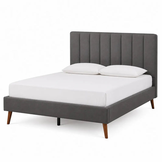 Letto matrimoniale rettangolare imbottito in MDF tessuto poliestere grigio scuro con testiera a pannelli verticali e gambe in legno 160 x 200 cm