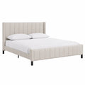Letto matrimoniale imbottito in tessuto beige 160 x 200 cm con testiera alta trapuntata e gambe in legno