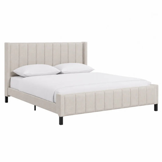 Letto matrimoniale imbottito in tessuto beige 160 x 200 cm con testiera alta trapuntata e gambe in legno