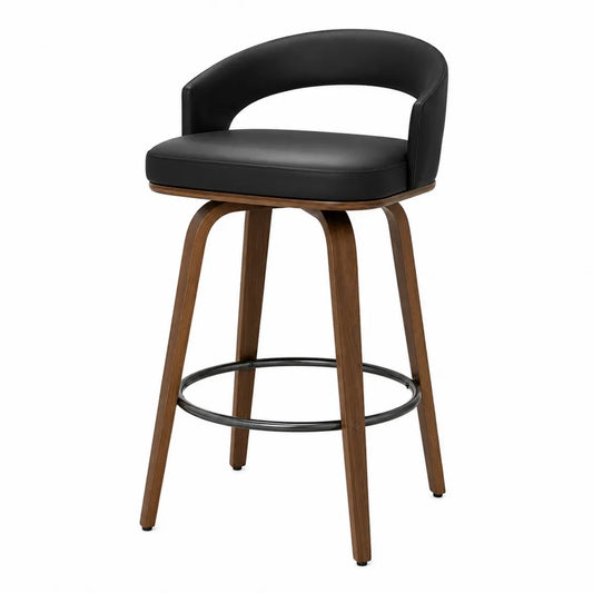 Sgabello da bar con schienale curvo in PU nero e gambe in legno massiccio di gomma finitura noce 48 x 50 x 95 cm