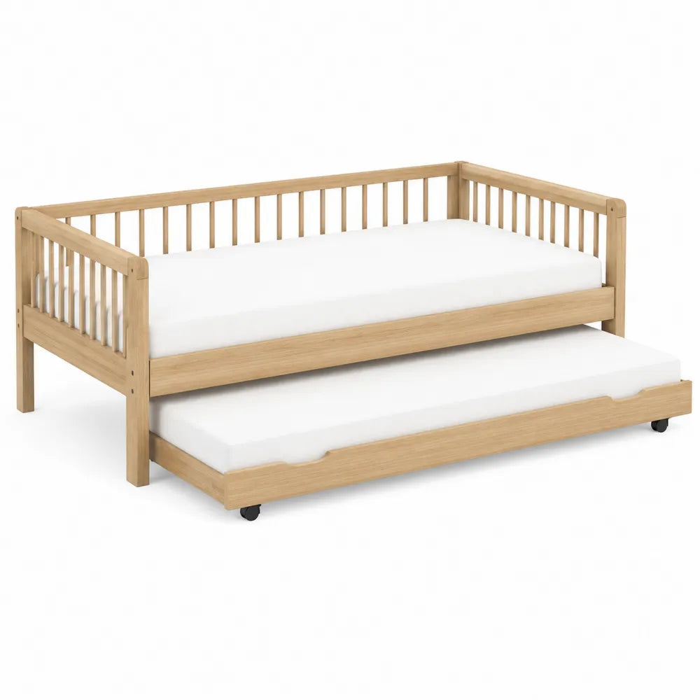 Letto per bambini rettangolare in legno massello di pino naturale con sponde di sicurezza e letto estraibile su ruote 90 x 200 cm