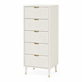 Cassettiera alta rettangolare con 5 cassetti in MDF bianco crema frontali scanalati maniglie oro e gambe affusolate 55 x 40 x 120 cm