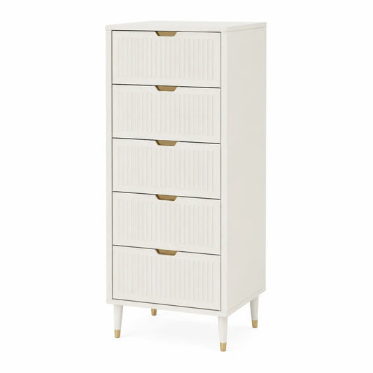 Cassettiera alta rettangolare con 5 cassetti in MDF bianco crema frontali scanalati maniglie oro e gambe affusolate 55 x 40 x 120 cm