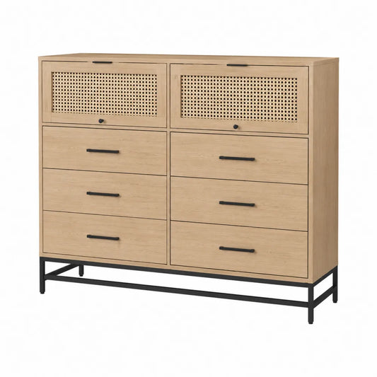 Cassettiera rettangolare a 6 cassetti in MDF con frontali in rattan struttura in acciaio nero colore legno naturale 120 x 40 x 85 cm