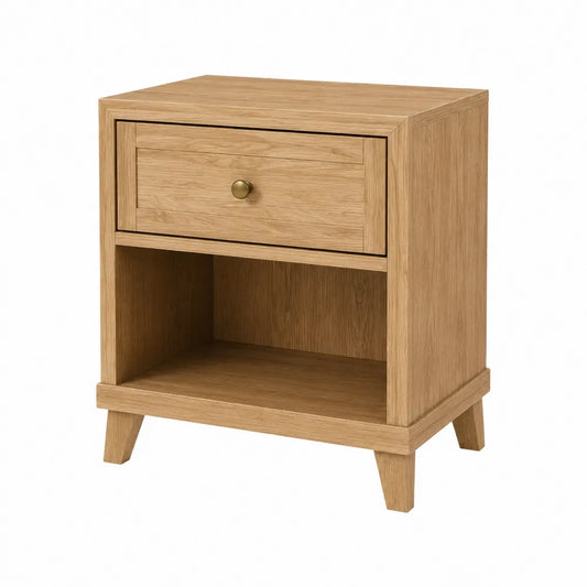 Comodino in legno effetto rovere naturale con 1 cassetto e vano aperto 50 x 40 x 60 cm con gambe inclinate