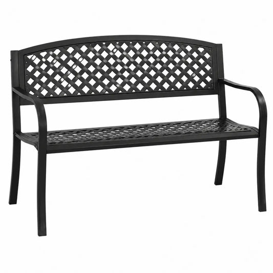 Panca da esterno in acciaio verniciato nero con braccioli schienale e seduta a griglia 120 x 60 x 85 cm