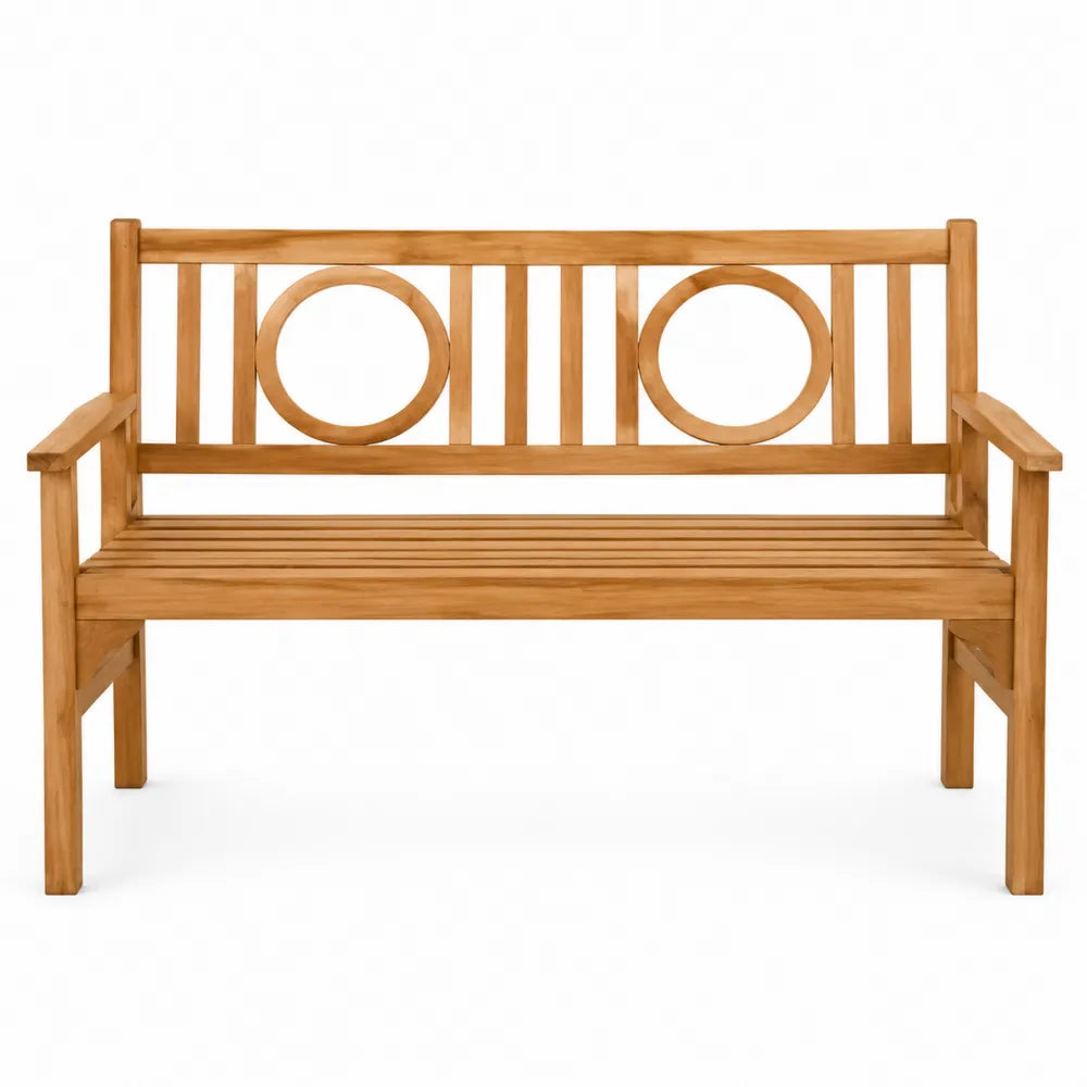 Panca da esterno in legno massello di acacia con schienale decorativo a doghe e cerchi colore legno naturale