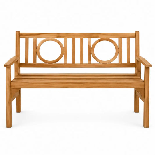 Panca da esterno in legno massello di acacia con schienale decorativo a doghe e cerchi colore legno naturale