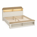 Letto matrimoniale rettangolare con testiera contenitore LED e vani frontali in MDF bianco crema e rovere naturale 160 x 200 cm