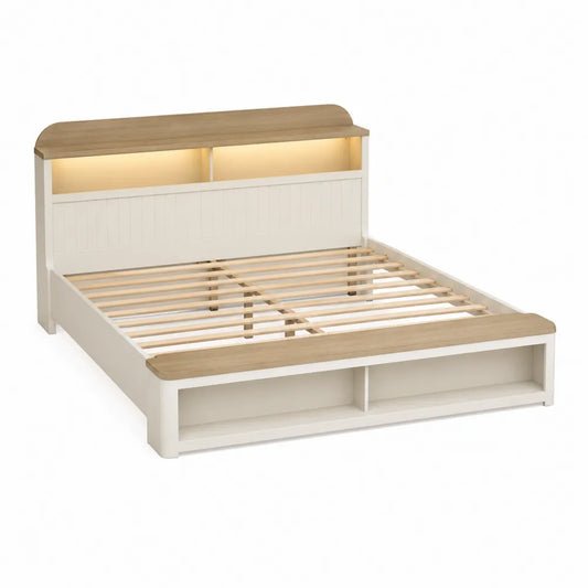 Letto matrimoniale rettangolare con testiera contenitore LED e vani frontali in MDF bianco crema e rovere naturale 160 x 200 cm