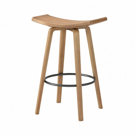 Sgabello da bar senza schienale in legno curvato gambe in legno massello con struttura a quattro gambe e anello poggiapiedi in acciaio nero altezza 70 cm colore legno naturale