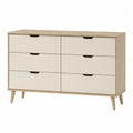 Cassettiera rettangolare a 6 cassetti in MDF effetto rovere naturale con frontali beige maniglie nere e gambe in legno di gomma 120 x 40 x 80 cm