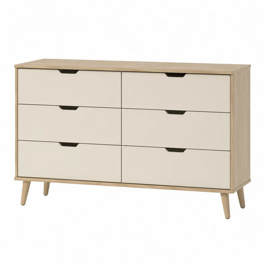Cassettiera rettangolare a 6 cassetti in MDF effetto rovere naturale con frontali beige maniglie nere e gambe in legno di gomma 120 x 40 x 80 cm