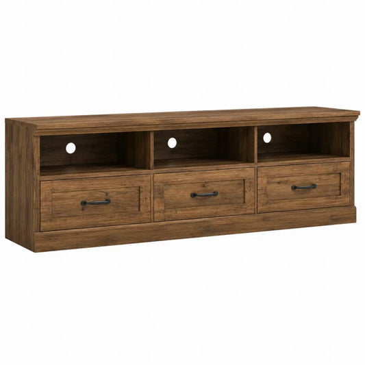 Mobile TV in legno ingegnerizzato finitura marrone con 3 cassetti e vani aperti con foro passacavi 180 cm 40 cm 50 cm