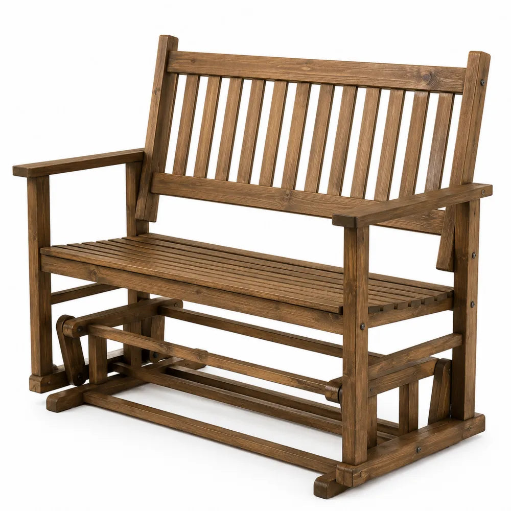 Panca dondolo da esterno a due posti in legno massello di pino marrone con braccioli 125 x 72 x 95 cm