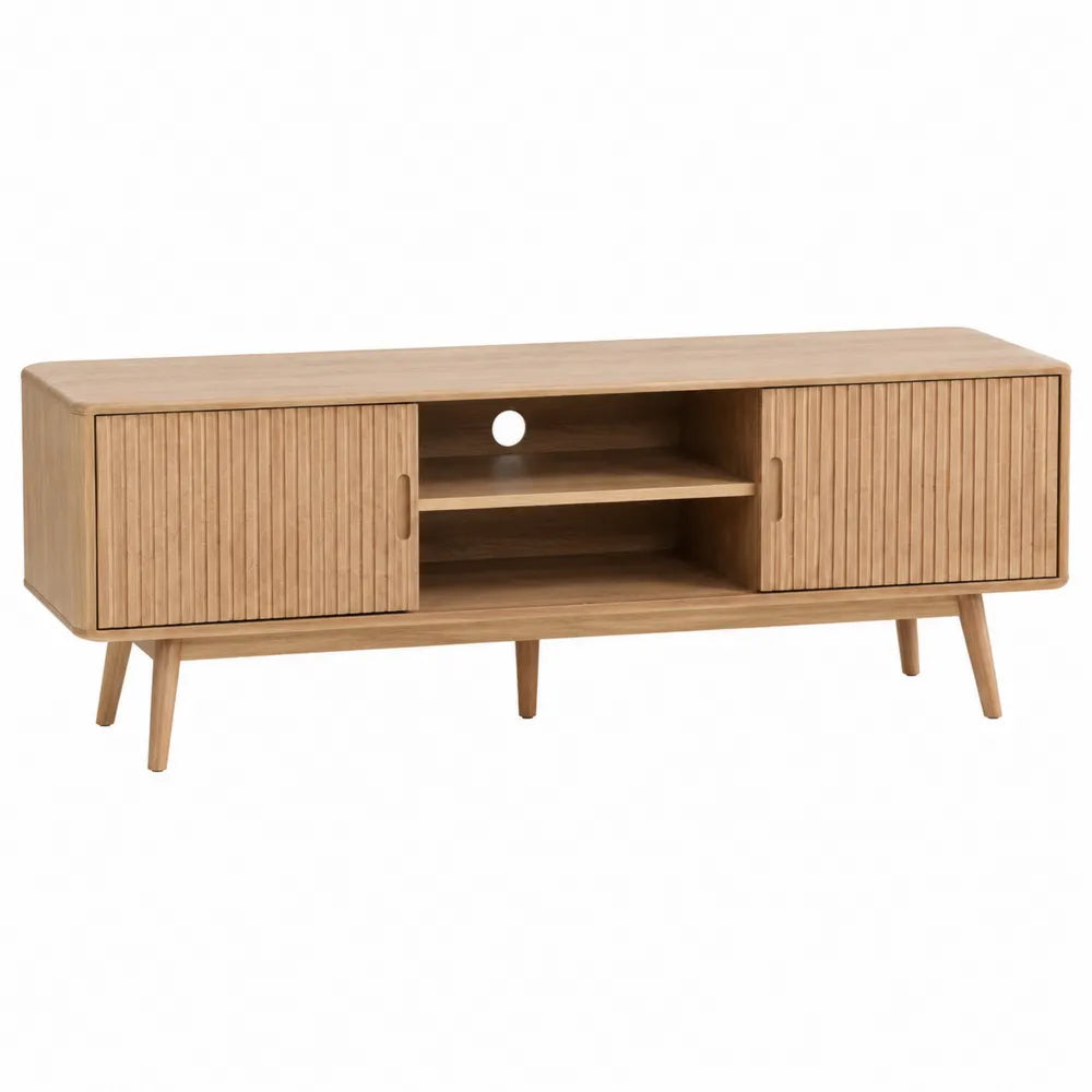 Mobile TV rettangolare in MDF effetto rovere naturale con 2 ante scorrevoli a doghe e vano centrale aperto 160x40x60 cm