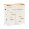 Cassettiera rettangolare a 9 cassetti con telaio in metallo bianco piano MDF effetto rovere e cassetti in tessuto beige 80 x 30 x 80 cm