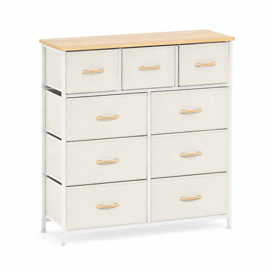 Cassettiera rettangolare a 9 cassetti con telaio in metallo bianco piano MDF effetto rovere e cassetti in tessuto beige 80 x 30 x 80 cm