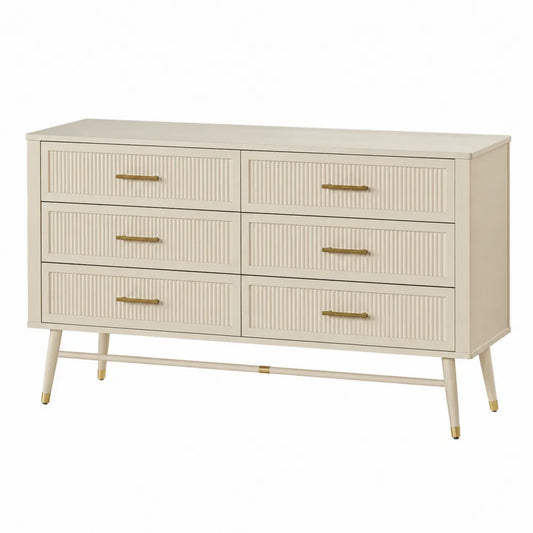 Cassettiera rettangolare a 6 cassetti in MDF beige con frontali scanalati maniglie oro e gambe in metallo 120 x 40 x 80 cm