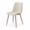 Sedia da pranzo imbottita in tessuto bouclé beige con schienale curvo e gambe in acciaio verniciato marrone 52 x 56 x 84 cm